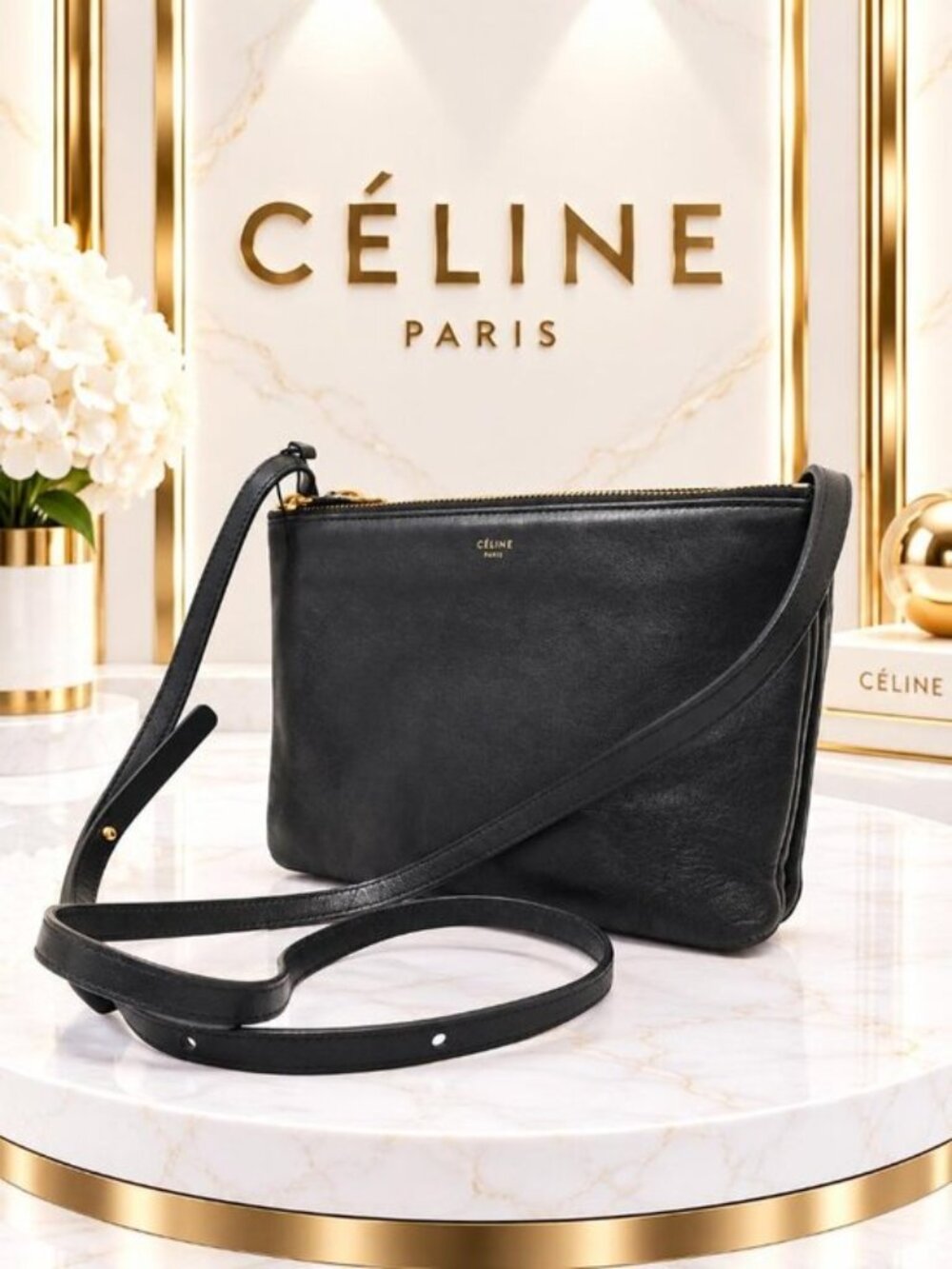 Authentic Celine Trio Black Leather Crossbody Shoulder Bag Gold Logo Classic